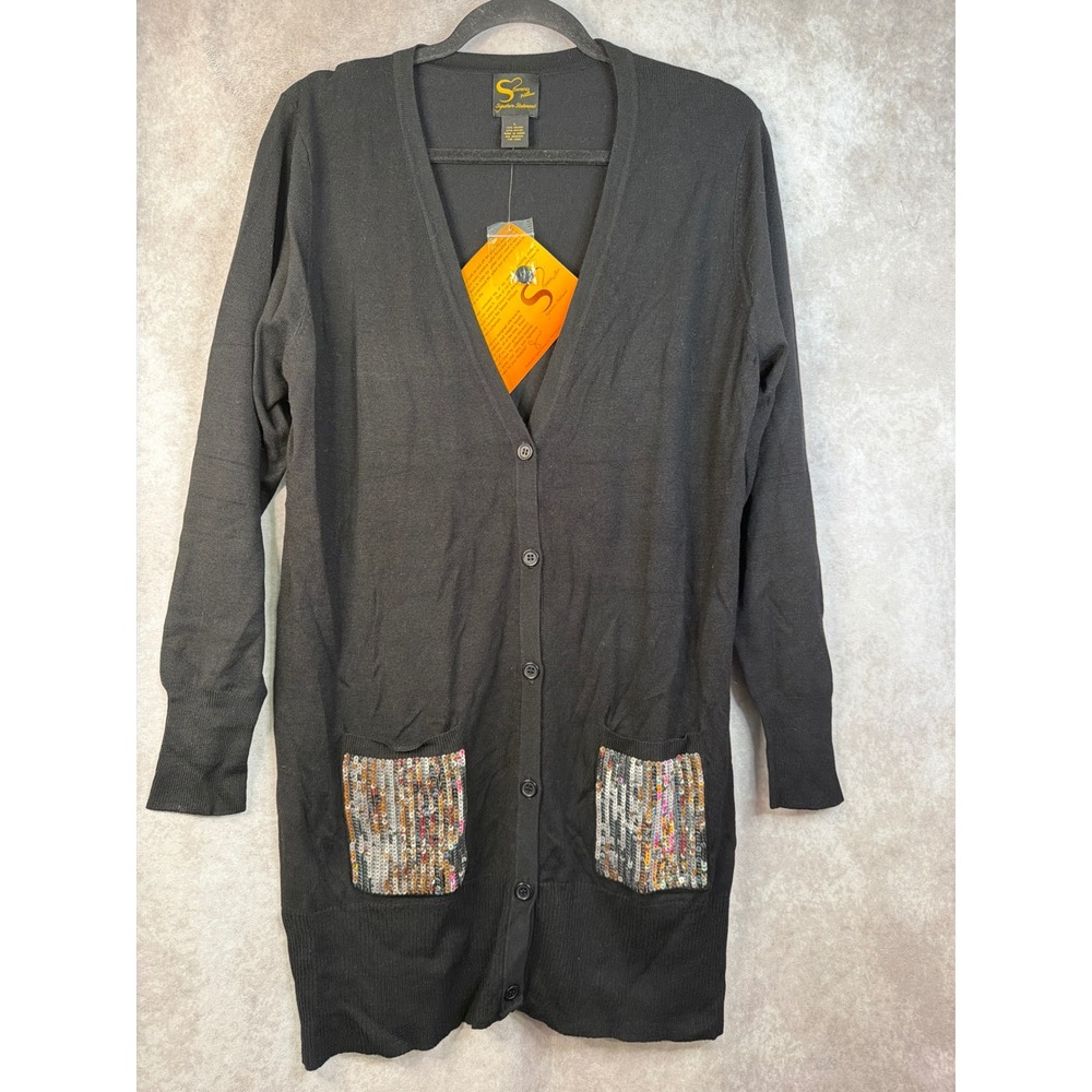 NWT Serena Williams Black‎ Silver Sequin Pocket Long Cardigan Sweater Large